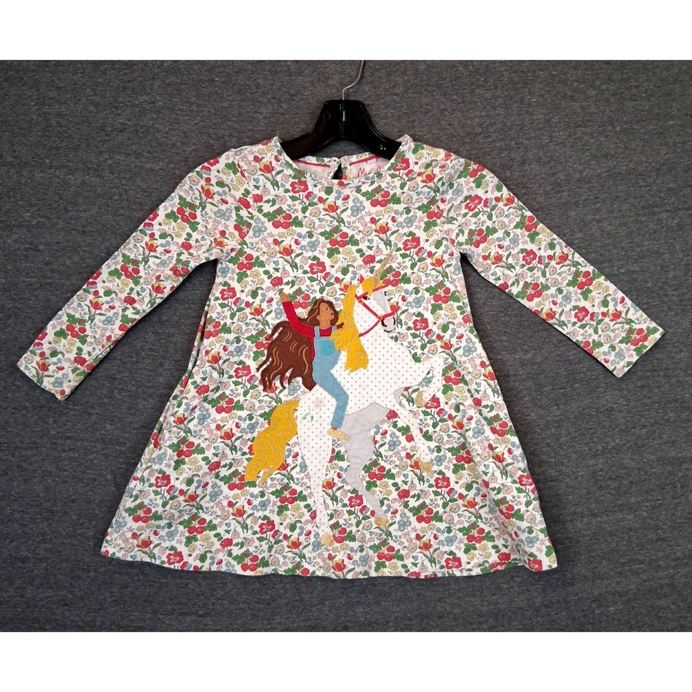 Mini Boden Girls Dress 4-5 Multi Ditsy Floral Berry Applique Unicorn Rider Play